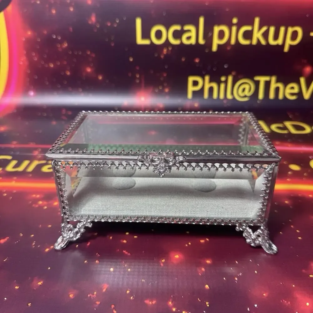 Cynthia Rowley New York Jewelry Box Glass Hinged Silver Filigree Trinket Ring